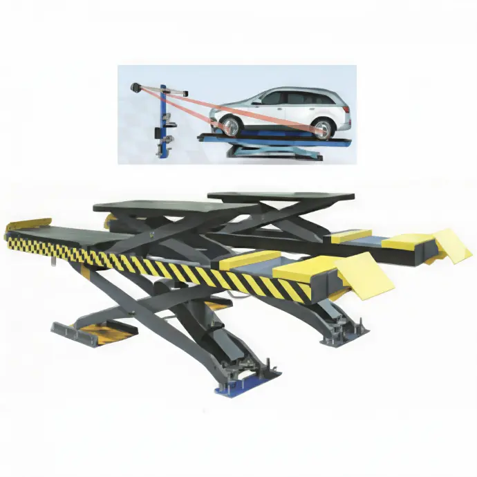 Cầu nâng cắt kéo kiểm tra góc đặt bánh xe 4.0 tấn, lắp chìm, có bàn nâng phụ (3 pha , màu .ghi xám RAL 7016, gồm đĩa lái)